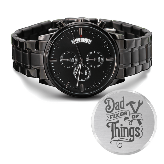 Dad Fixer of Things Engraved Design Black Chronograph Watch