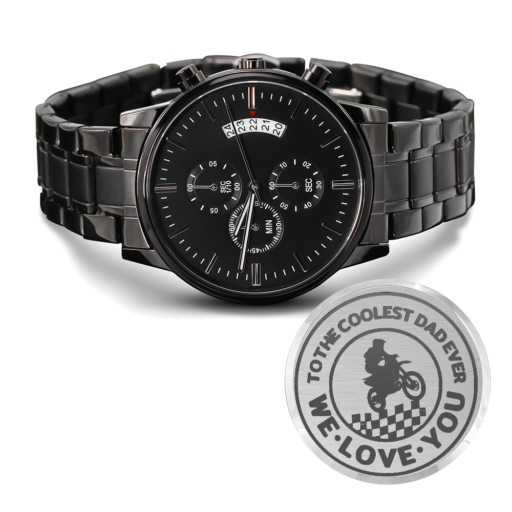 To the Coolest Dad Motocross Rider Engraved Black Chronograph Watch