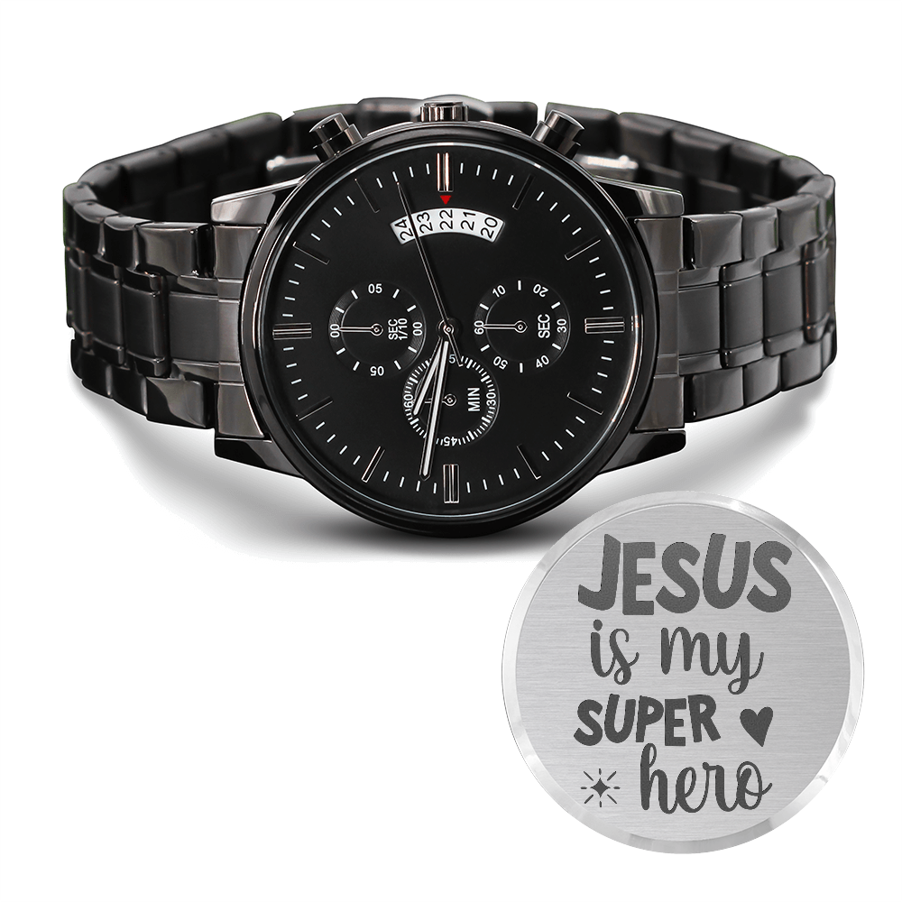 Jesus is My Super Hero Faith Based Engraved Black Chronograph Watch