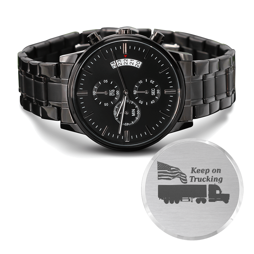 Keep on Trucking with American Flag Engraved Design Black Chronograph Watch