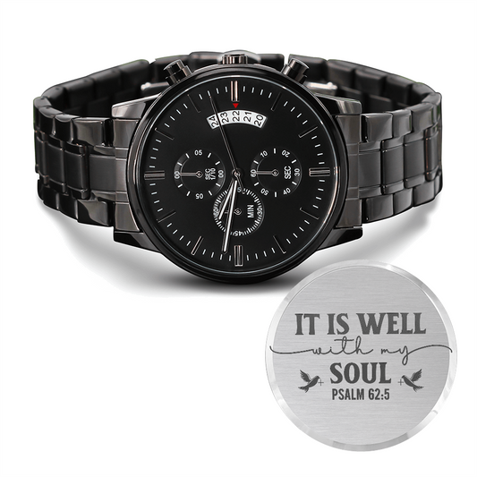 It Is Well With My Soul Faith Based Engraved Black Chronograph Watch