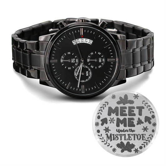 Meet Me Under the Mistletoe Engraved Black Chronograph Watch