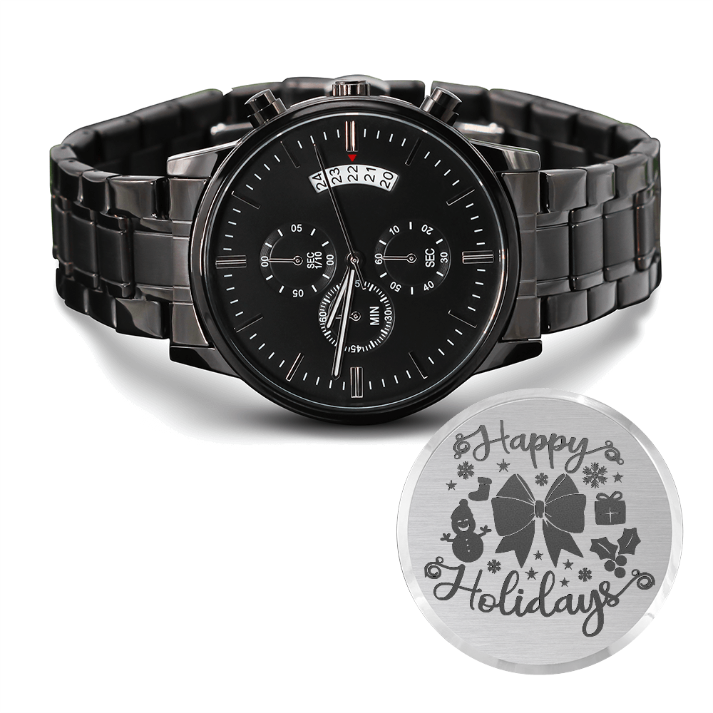 Happy Holidays Merry Christmas Engraved Black Chronograph Watch