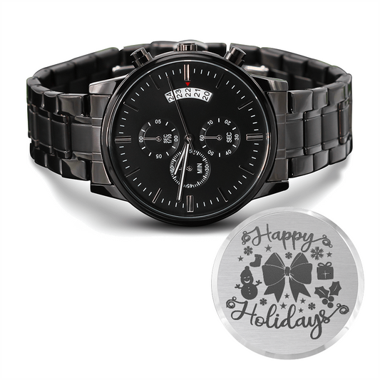 Happy Holidays Merry Christmas Engraved Black Chronograph Watch