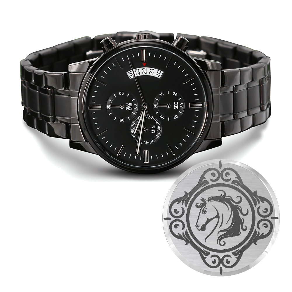 Horse in Ornate Frame Engraved Design Black Chronograph Watch