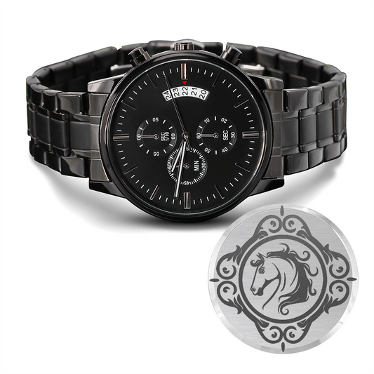 Horse in Ornate Frame Engraved Design Black Chronograph Watch