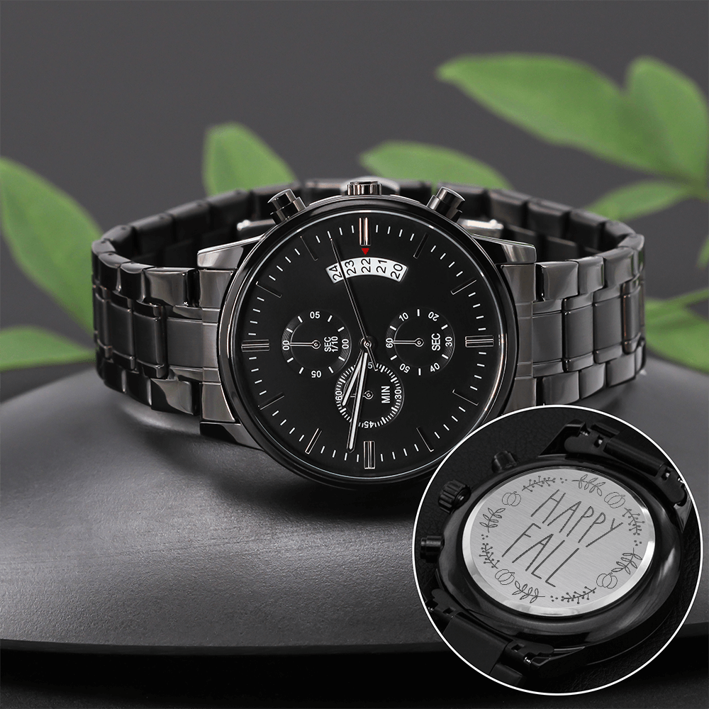 Happy Fall Pumpkin Design Engraved Black Chronograph Watch