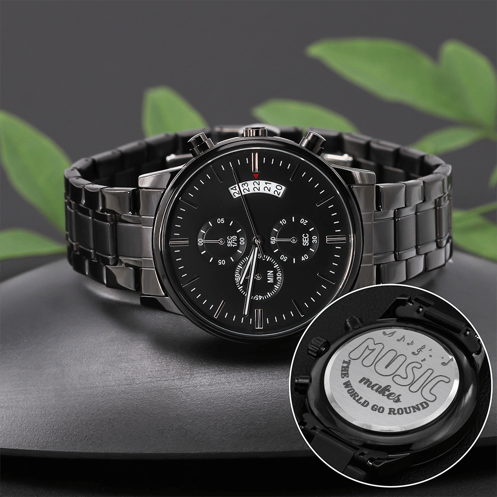 Music Makes the World Go Round Engraved Black Chronograph Watch