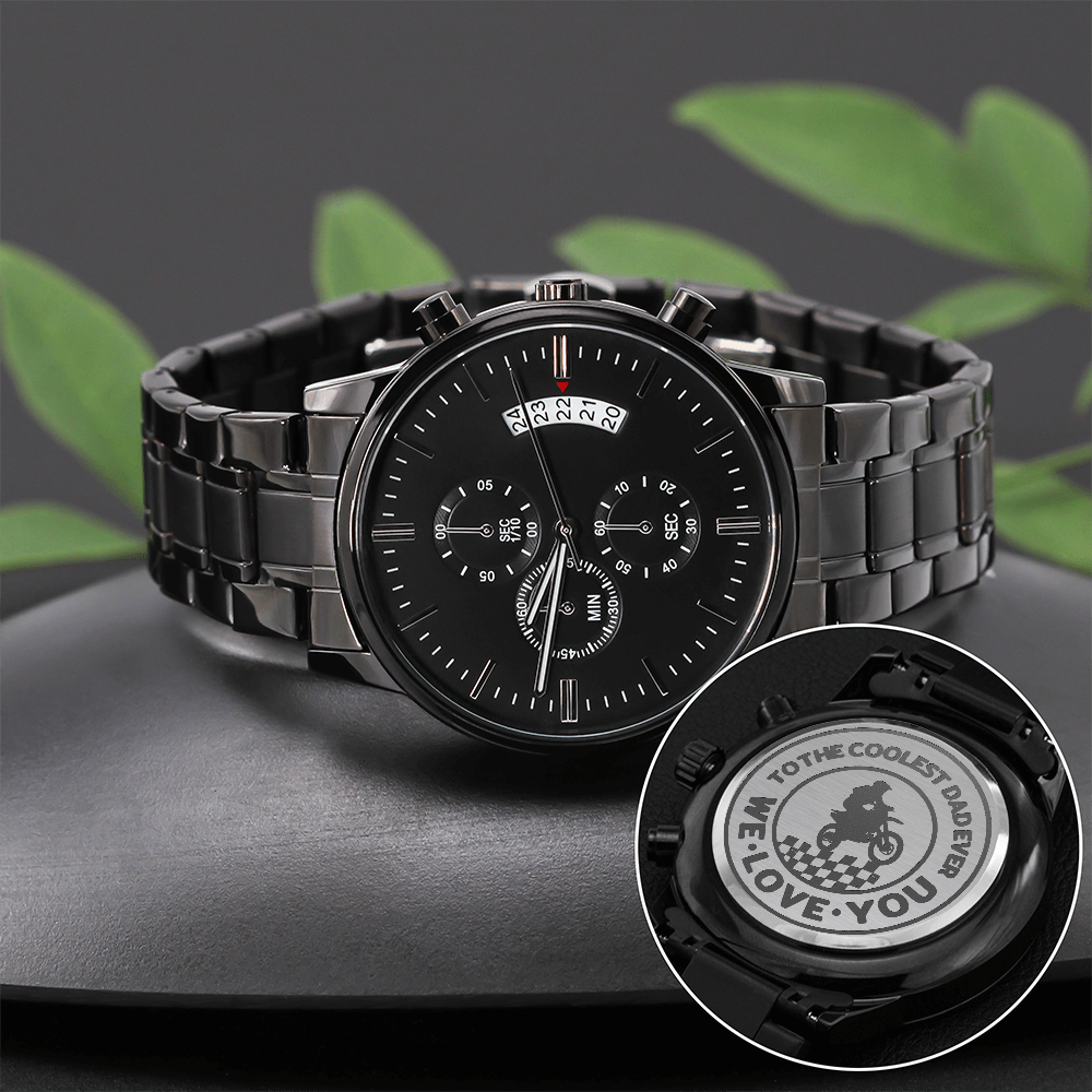 To the Coolest Dad Motocross Rider Engraved Black Chronograph Watch
