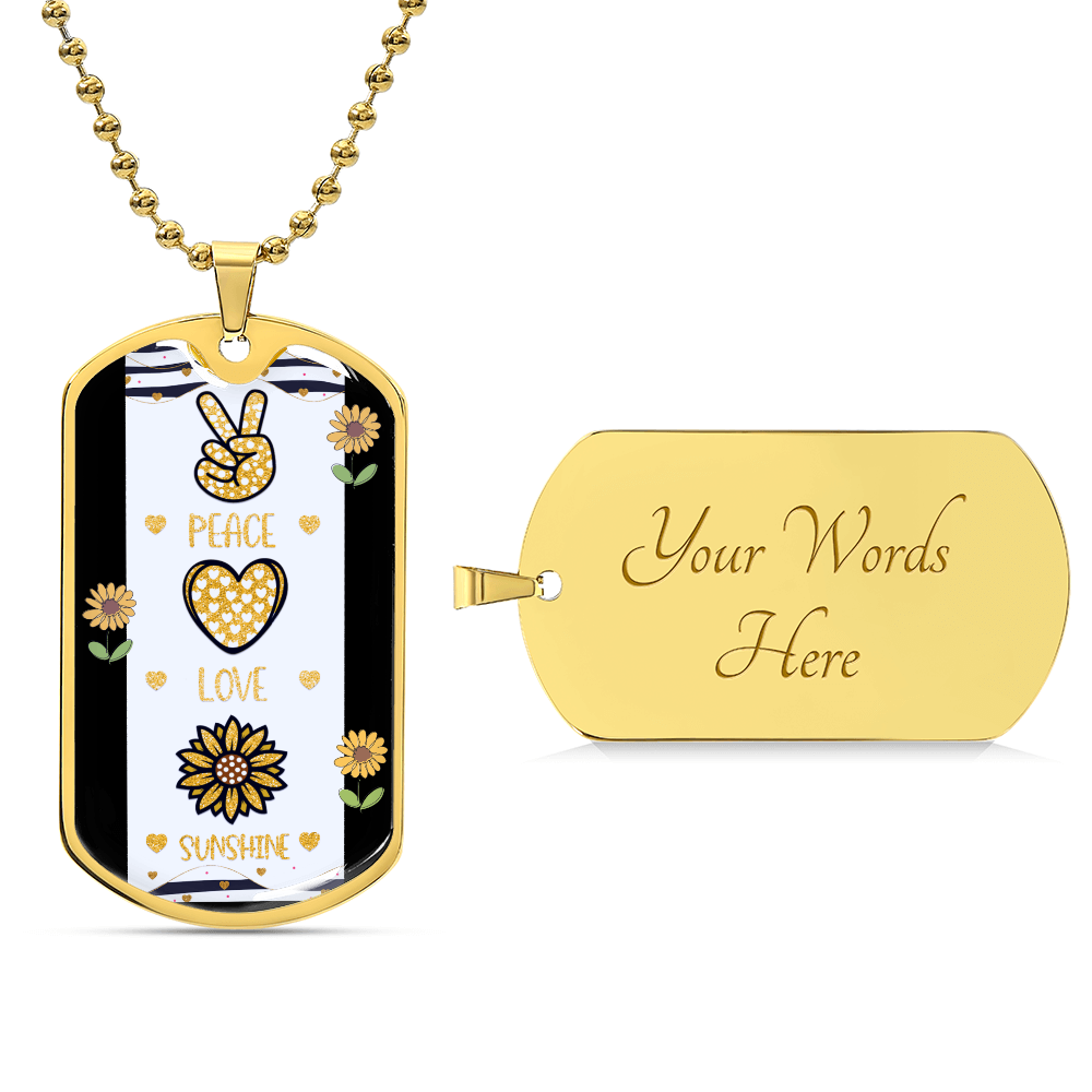 Peace Love and Sunshine with Sunflowers Graphic Dog Tags Necklace