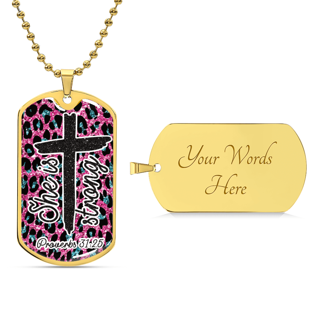 She is Strong Cross Scripture Pink Graphic Dog Tags Necklace