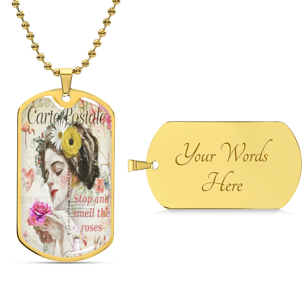 Beautiful Lady Stopping to Smell the Roses Dog Tags Necklace