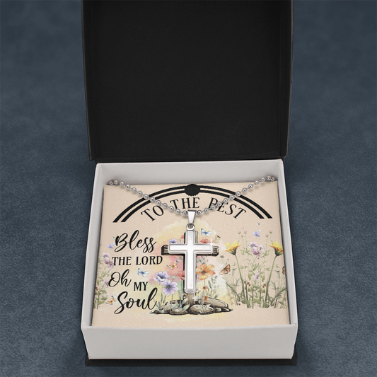 Bless the Lord Oh My Soul Faith Based Artisan Crafted Cross Necklace with Ball Chain