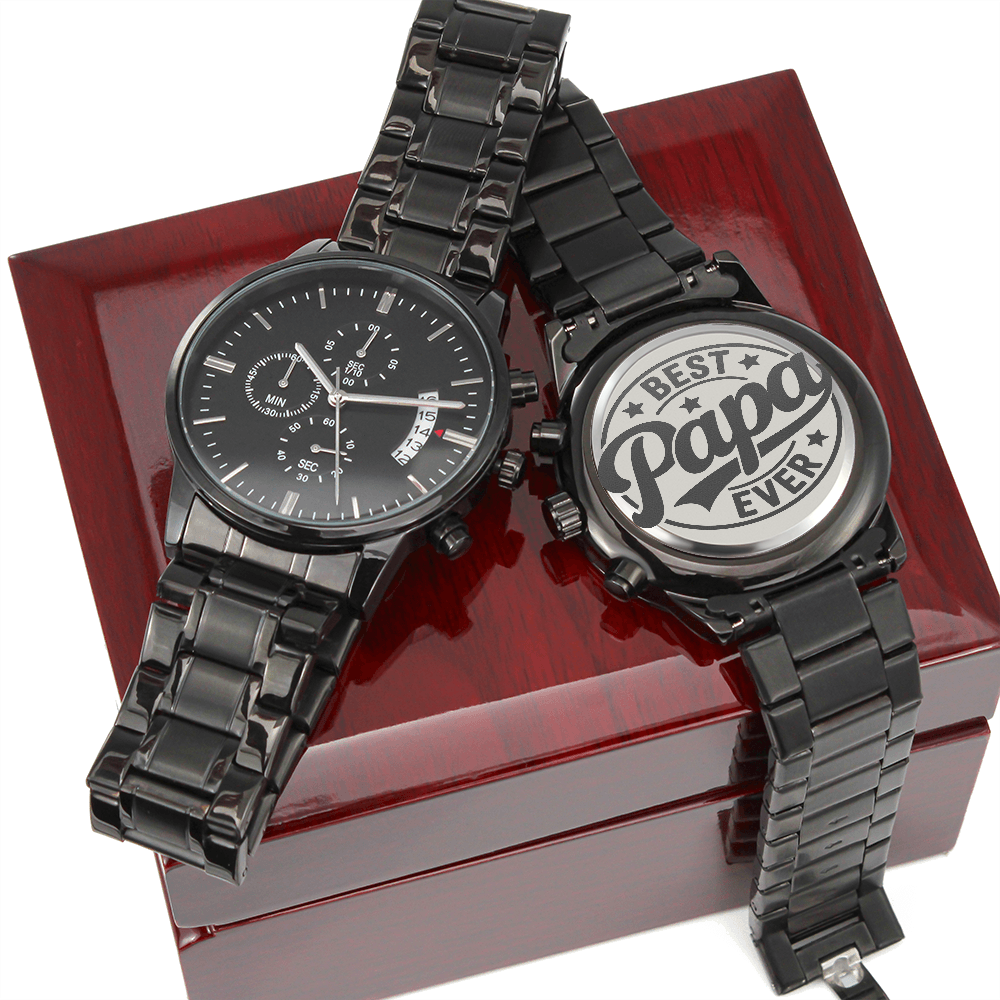 Best Papa Ever Happy Father's Day Engraved Black Chronograph Watch