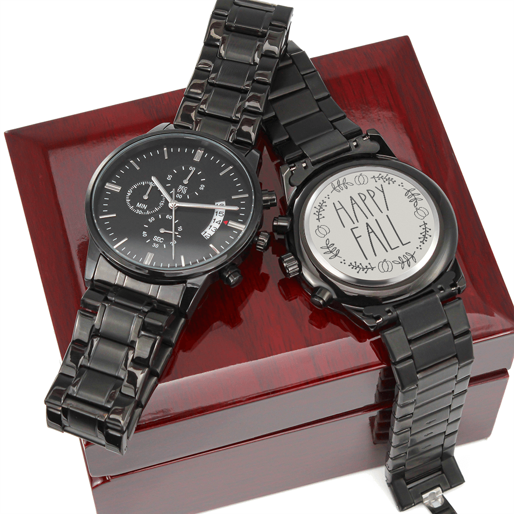 Happy Fall Pumpkin Design Engraved Black Chronograph Watch