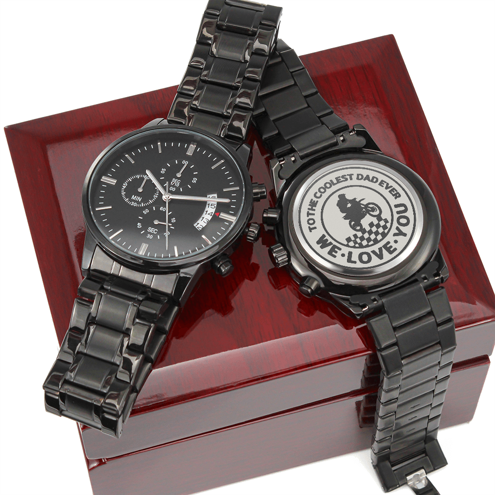 To the Coolest Dad Motocross Rider Engraved Black Chronograph Watch