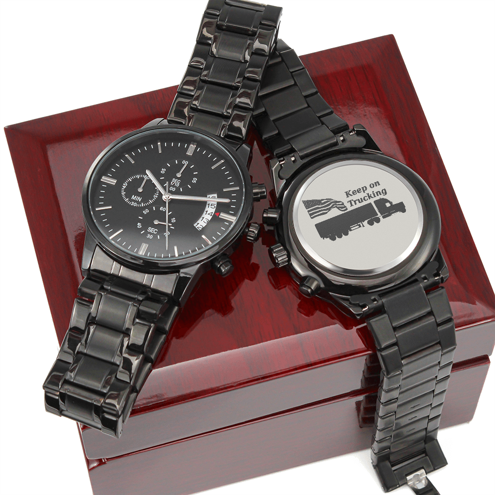 Keep on Trucking with American Flag Engraved Design Black Chronograph Watch