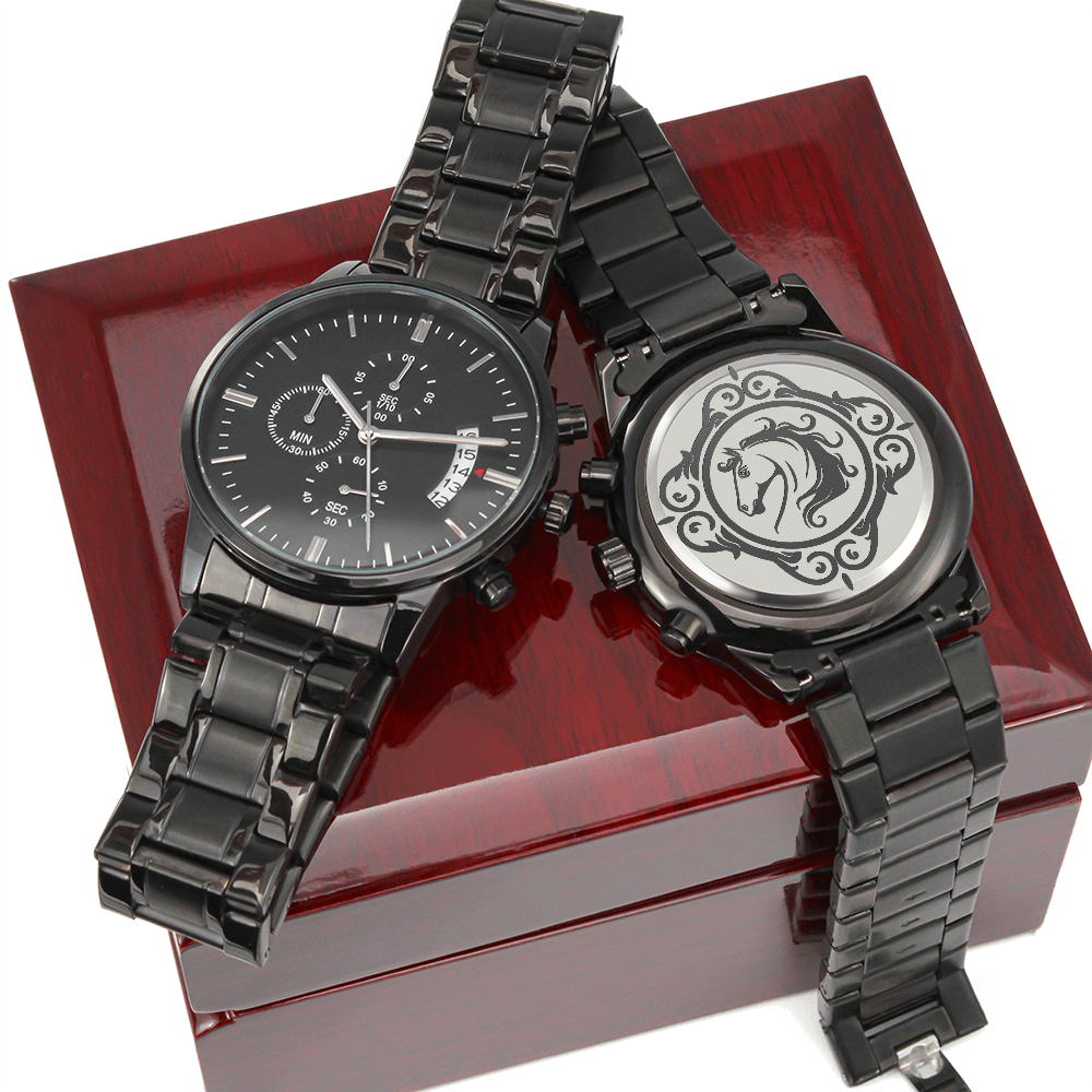 Horse in Ornate Frame Engraved Design Black Chronograph Watch