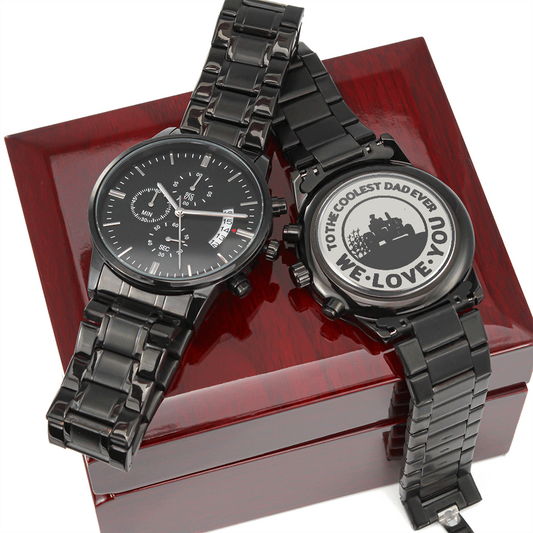 To the Coolest Dad Farmer Engraved Design Black Chronograph Watch