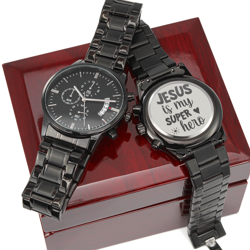 Jesus is My Super Hero Faith Based Engraved Black Chronograph Watch