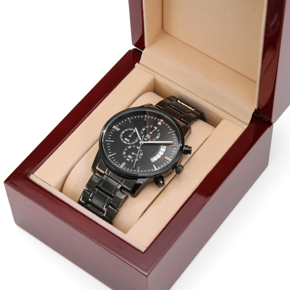 Happy Holidays Merry Christmas Engraved Black Chronograph Watch