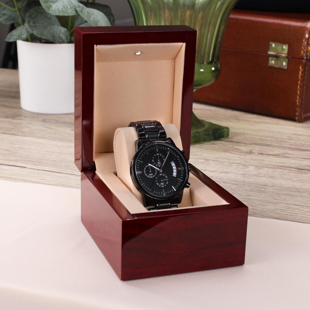 Happy Birthday Engraved Black Chronograph Watch