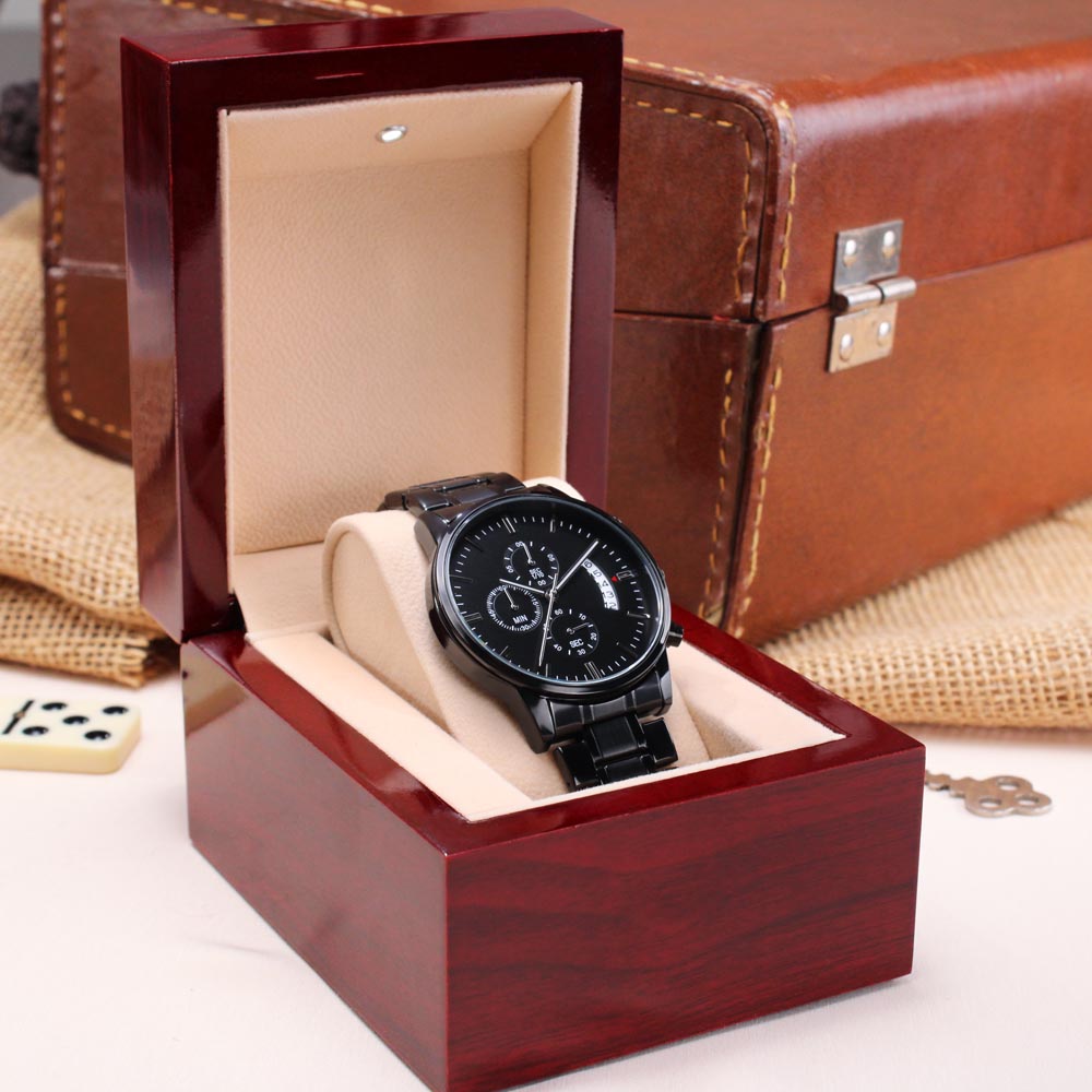 To the Coolest Dad Ever Firefighter Engraved Black Chronograph Watch