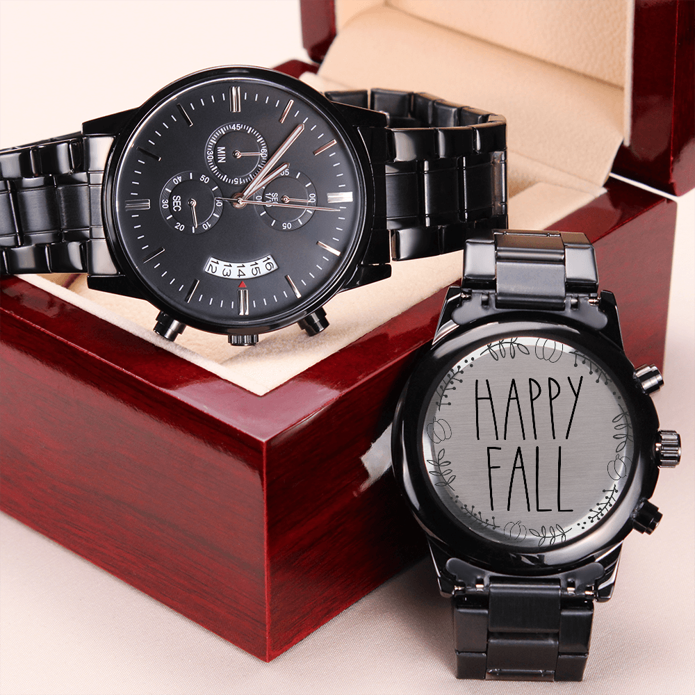 Happy Fall Pumpkin Design Engraved Black Chronograph Watch