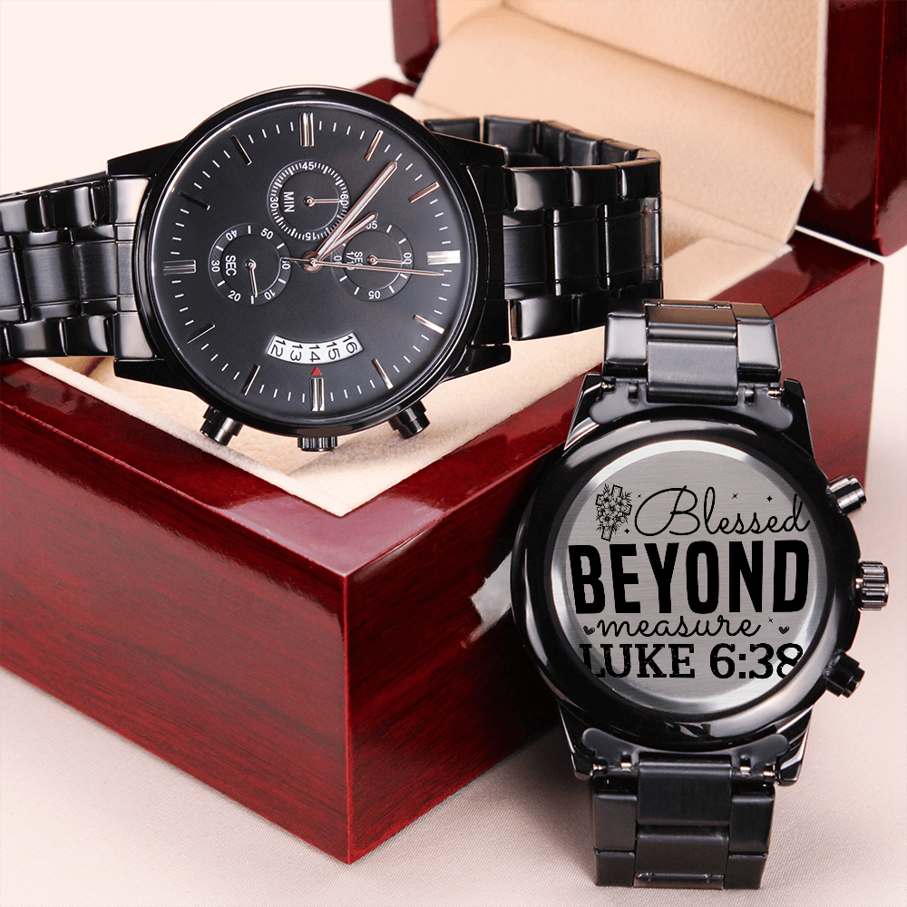 Blessed Beyond Measure Faith Based Engraved Black Chronograph Watch