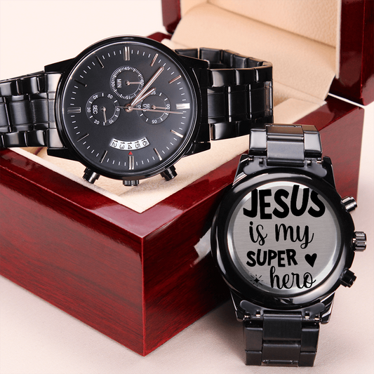 Jesus is My Super Hero Faith Based Engraved Black Chronograph Watch