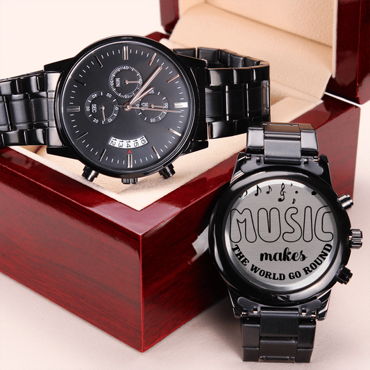 Music Makes the World Go Round Engraved Black Chronograph Watch