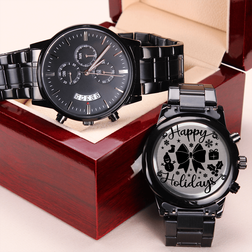Happy Holidays Merry Christmas Engraved Black Chronograph Watch