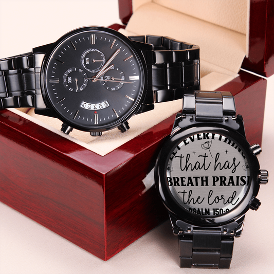 Let Everything that has Breath Praise the Lord Faith Based Engraved Black Chronograph Watch