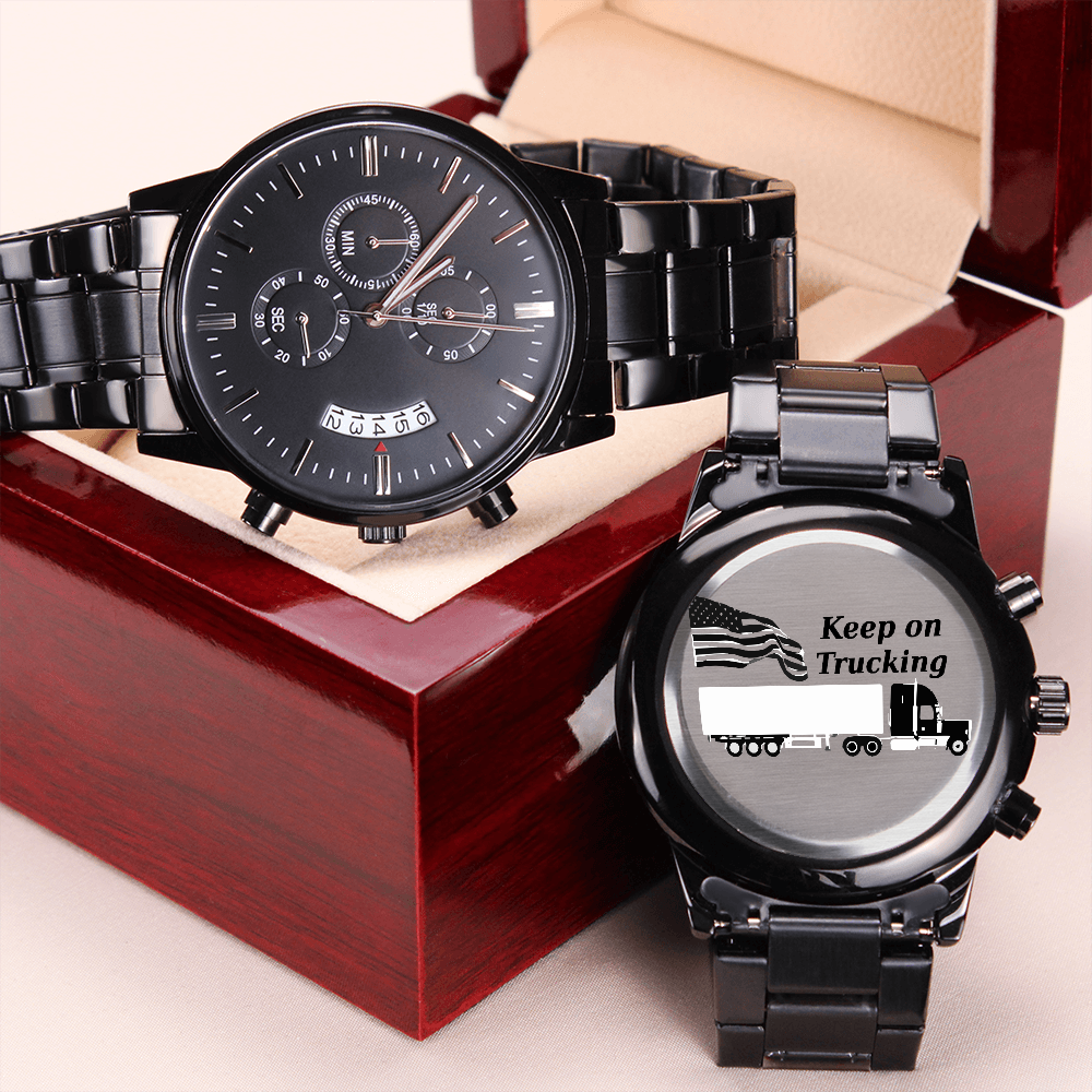 Keep on Trucking with American Flag Engraved Design Black Chronograph Watch