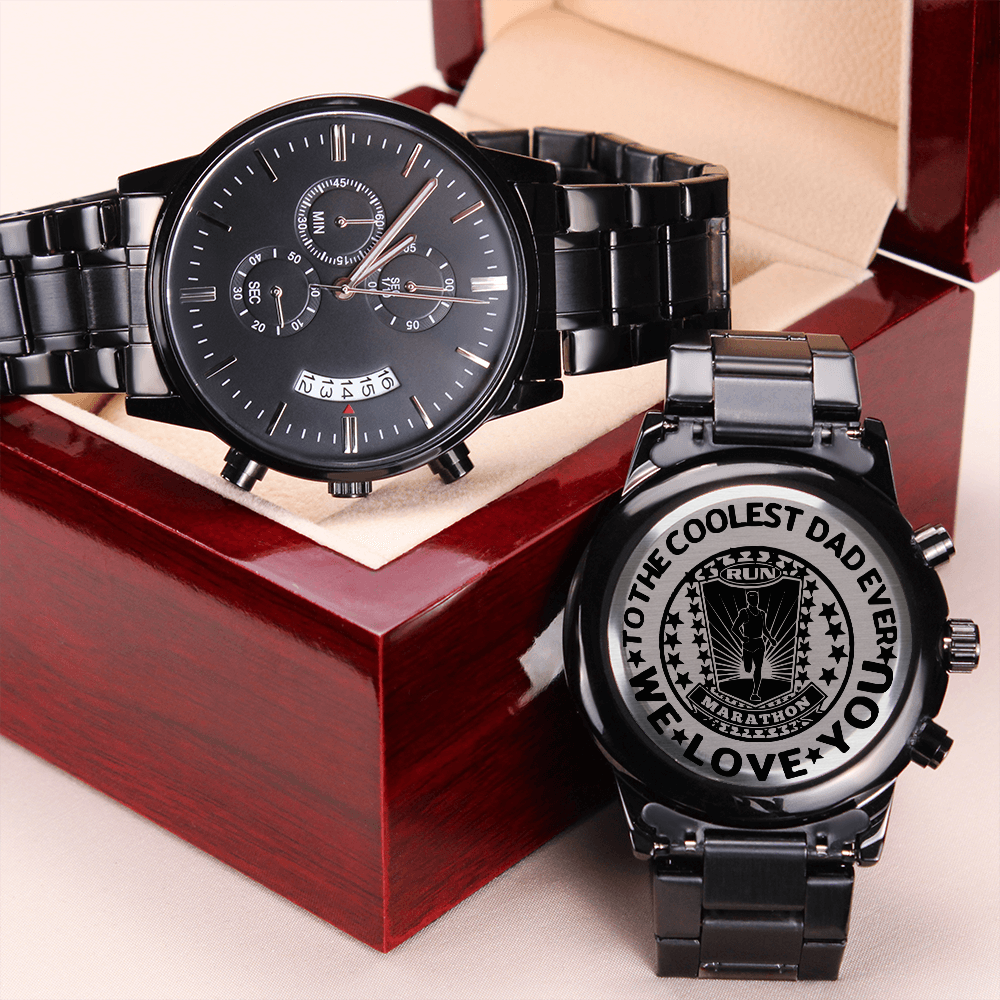 To the Coolest Dad Marathon Runner Engraved Design Black Chronograph Watch