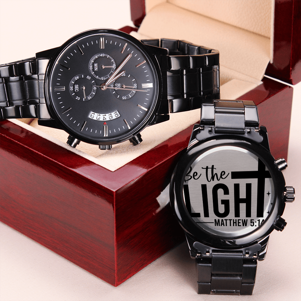 Be the Light Scripture Faith Based Engraved Black Chronograph Watch