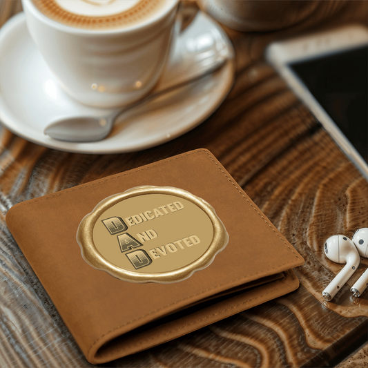 Dedicated and Devoted DAD Golden Seal Graphic Leather Wallet