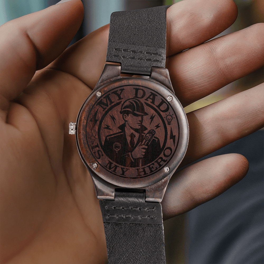 My Dad is My Hero Electrician Engraved Wooden Watch with Leather Strap