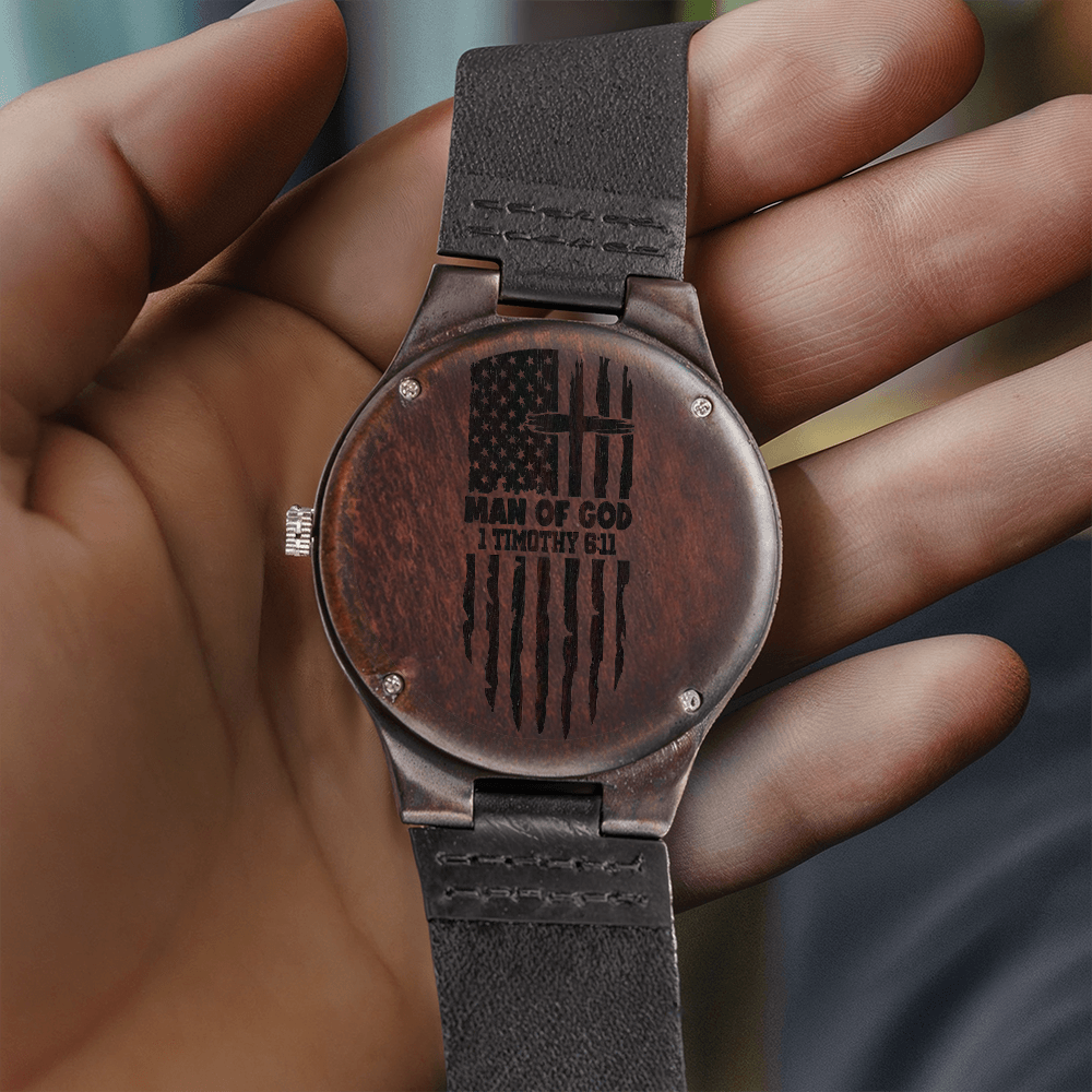 American Flag Man of God Faith Based Engraved Wooden Watch