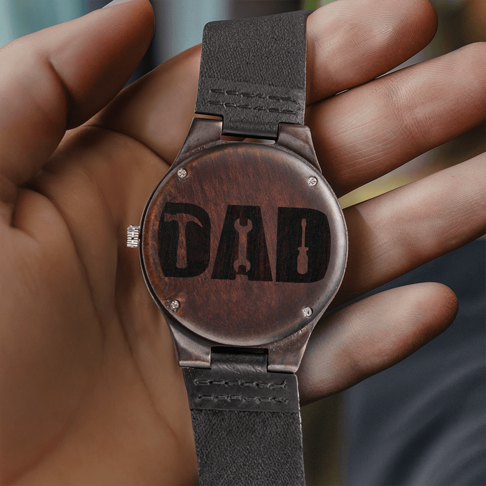 Celebrate Dad with Tools Engraved Wooden Watch with Leather Strap
