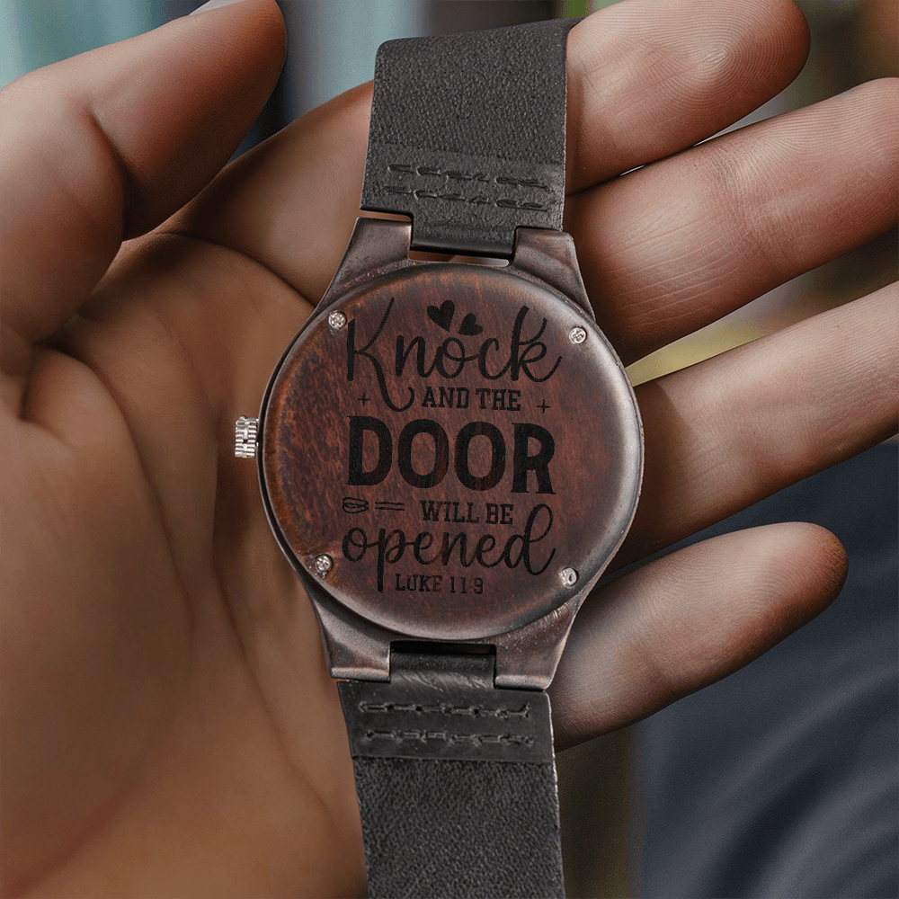 Knock and the Door Will Be Opened Faith Based Engraved Wooden Watch