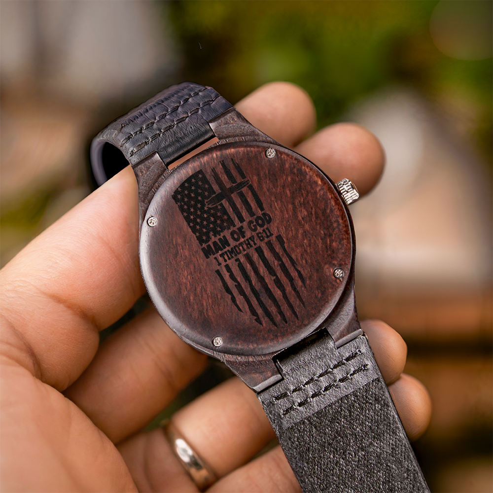American Flag Man of God Faith Based Engraved Wooden Watch