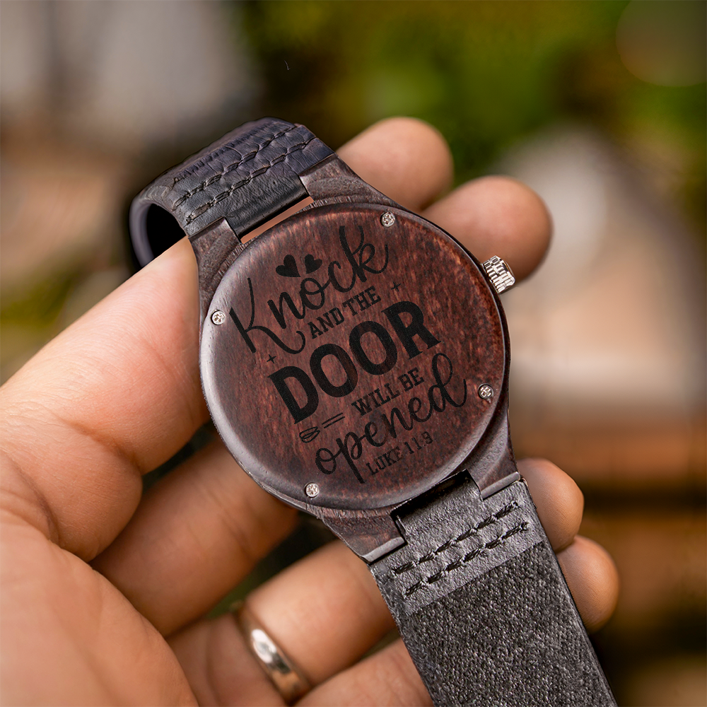 Knock and the Door Will Be Opened Faith Based Engraved Wooden Watch