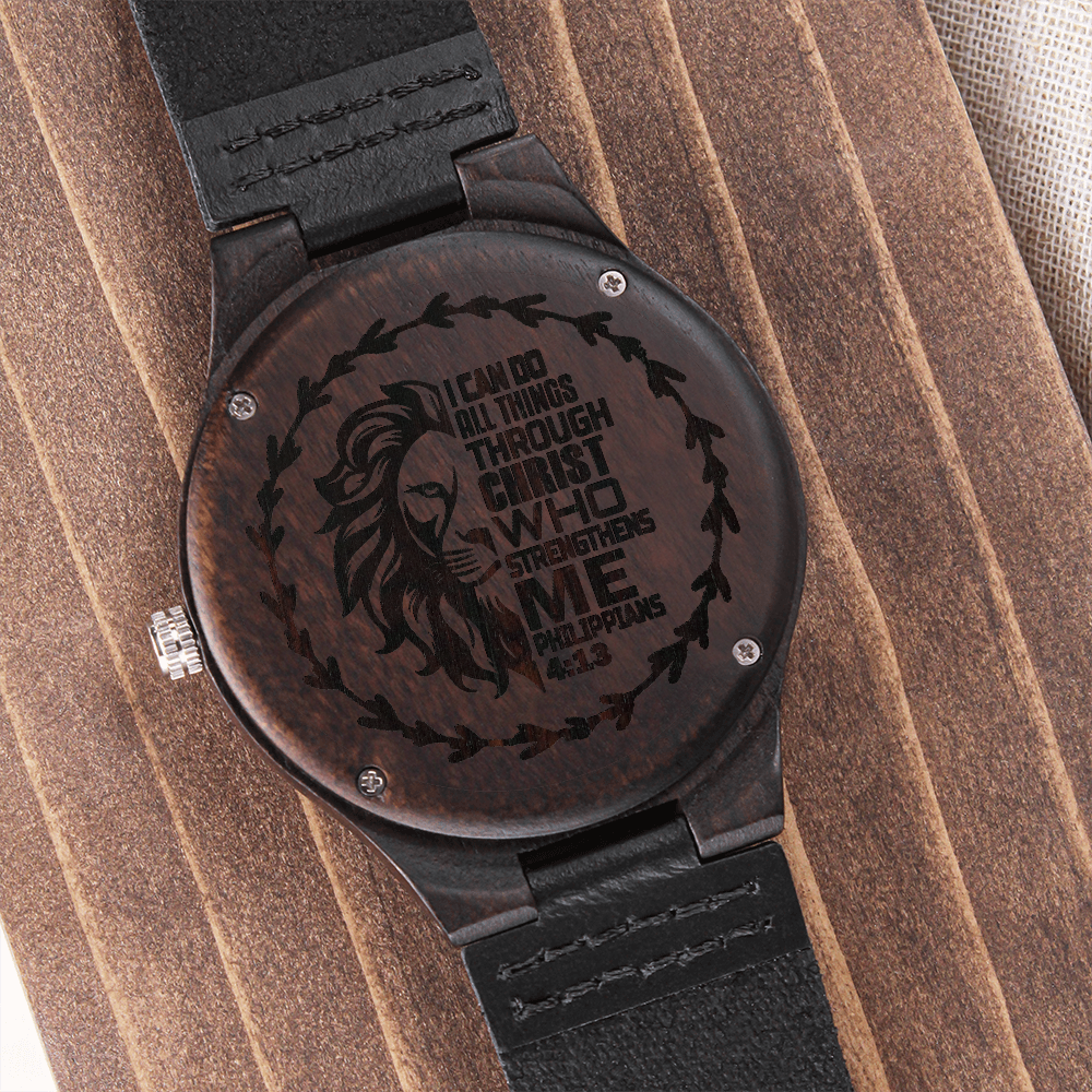 I Can Do All Things Through Christ Lion Faith Based Engraved Wooden Watch
