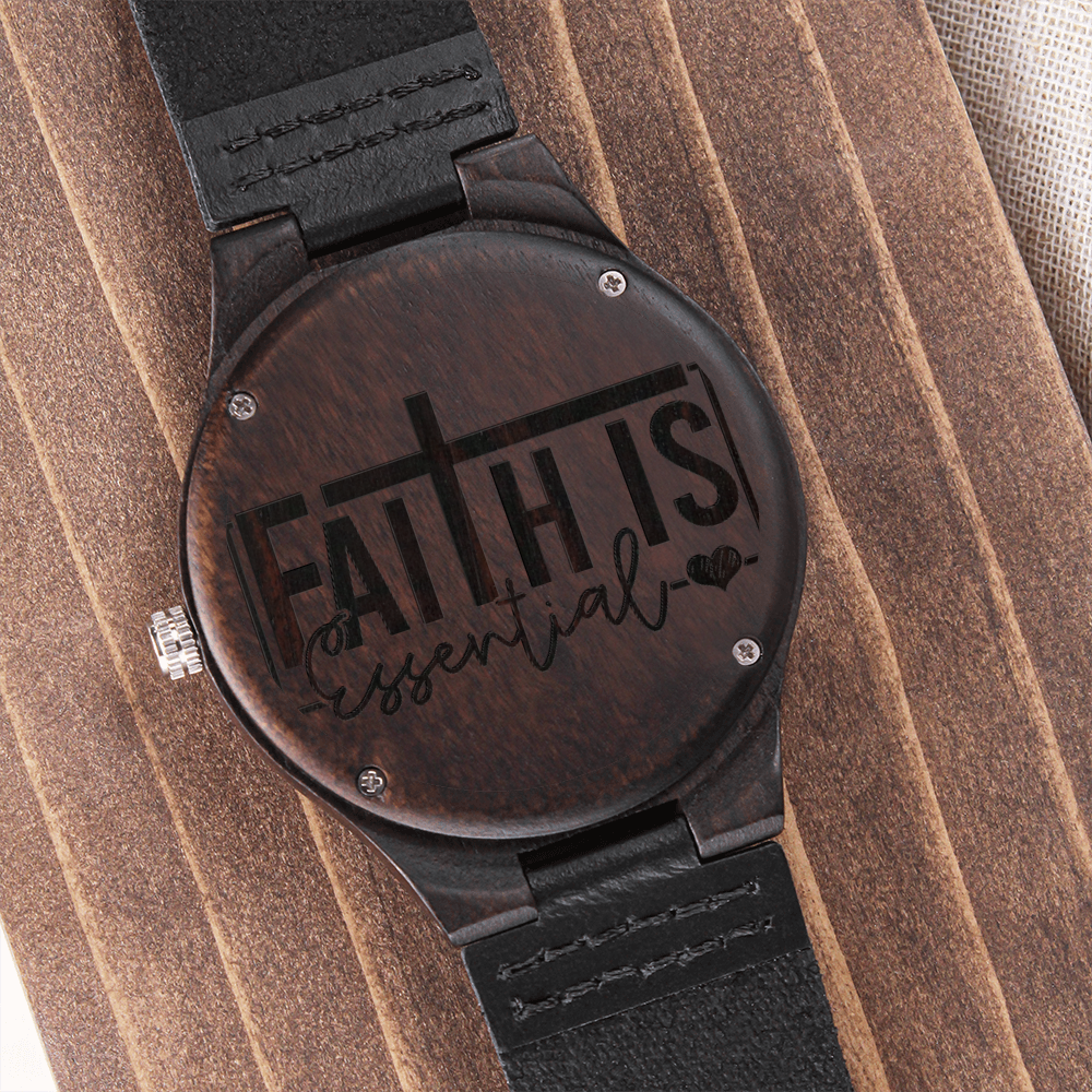 Faith is Essential Engraved Wooden Watch with Leather Band