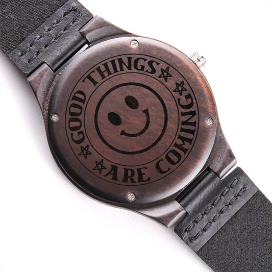 Good Things Are Coming Happy Face Engraved Wooden Watch