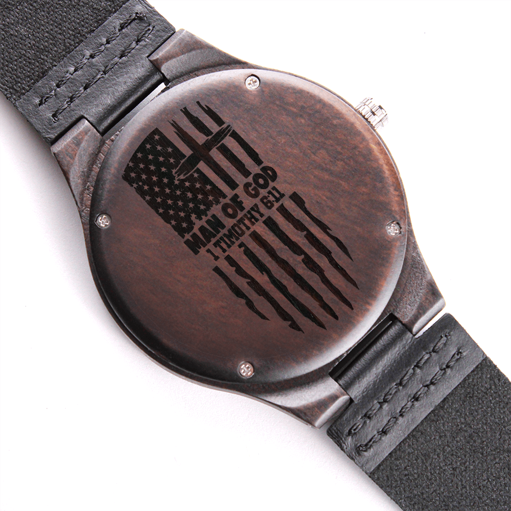 American Flag Man of God Faith Based Engraved Wooden Watch