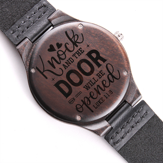 Knock and the Door Will Be Opened Faith Based Engraved Wooden Watch