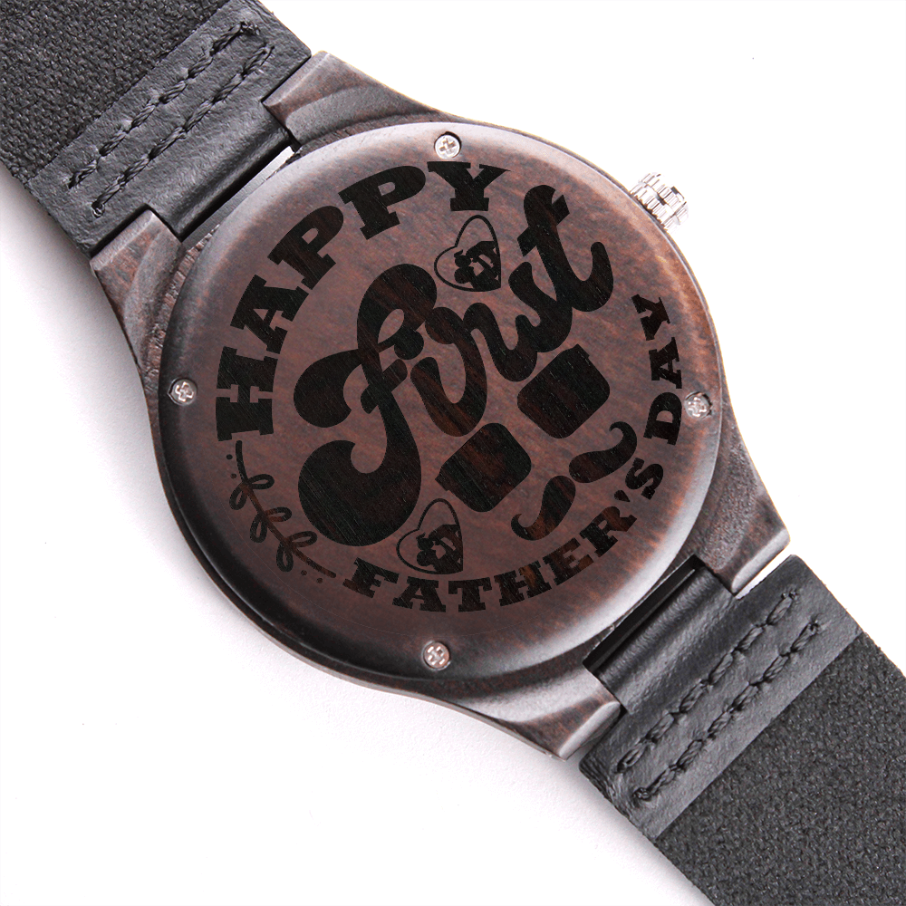 Happy First Father's Day Dad Engraved Wooden Watch with Leather Band