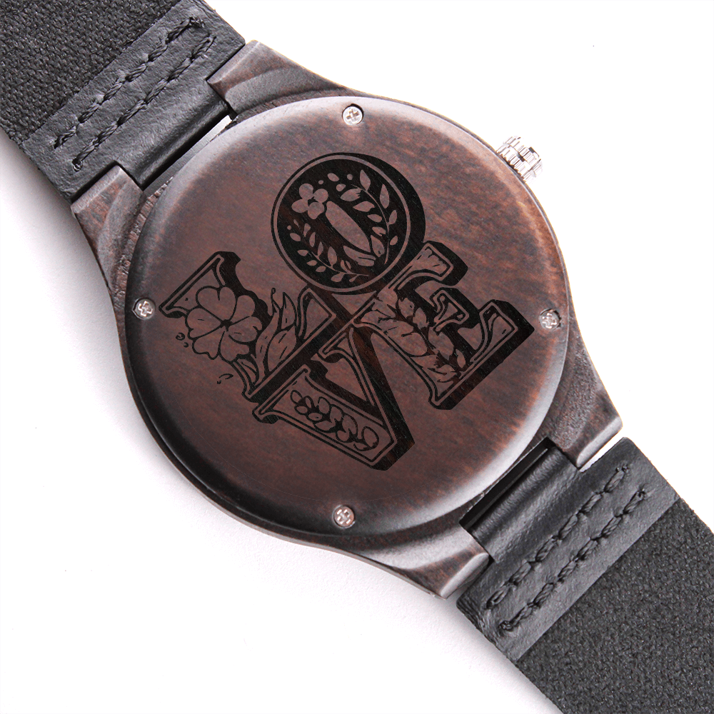 Reloj de lujo de madera con grabado floral LOVE y correa de piel auténtica